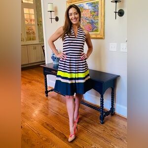 Ted Baker Sarera Halterneck‎ Candy Stripe Fit & Flare Dress Navy Blue Peach Sz 8
